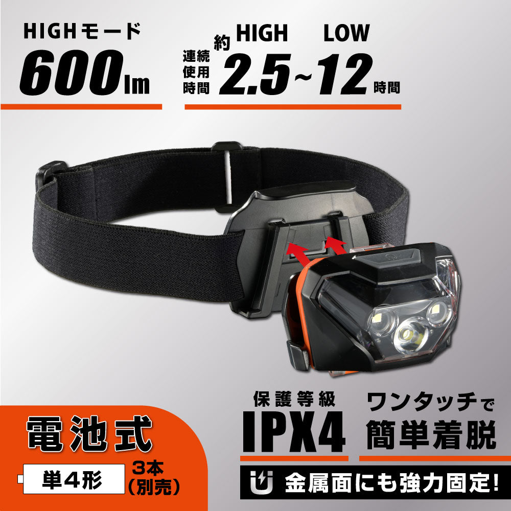マグネットヘッドライト(600 lm/単4形×3本使用/IPX4)_08-1082_LCH-MVB600-K_OHM(オーム電機)